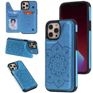 For iPhone 12 Pro Max Flower Embossing Pattern Shockproof Protective Case with Holder & Card Slots & Photo Frame(Blue)