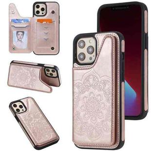 For iPhone 12 Pro Max Flower Embossing Pattern Shockproof Protective Case with Holder & Card Slots & Photo Frame(Rose Gold)