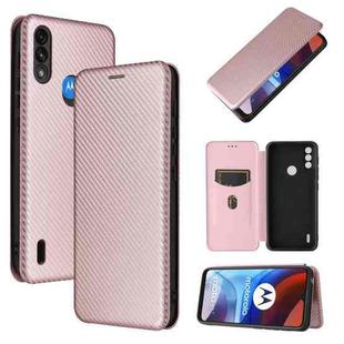 For Motorola Moto E7 Power Carbon Fiber Texture Horizontal Flip TPU + PC + PU Leather Case with Card Slot(Pink)