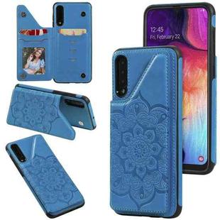 For Samsung Galaxy A50 Flower Embossing Pattern Shockproof Protective Case with Holder & Card Slots & Photo Frame(Blue)
