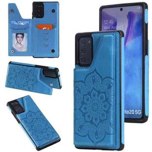 For Samsung Galaxy Note20 Flower Embossing Pattern Shockproof Protective Case with Holder & Card Slots & Photo Frame(Blue)