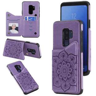 For Samsung Galaxy S9 Plus Flower Embossing Pattern Shockproof Protective Case with Holder & Card Slots & Photo Frame(Purple)