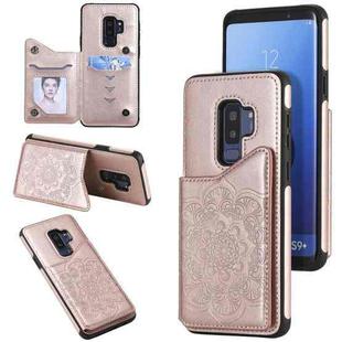 For Samsung Galaxy S9 Plus Flower Embossing Pattern Shockproof Protective Case with Holder & Card Slots & Photo Frame(Rose Gold)