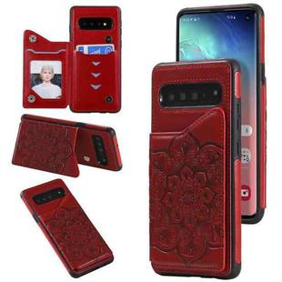 For Samsung Galaxy S10 Flower Embossing Pattern Shockproof Protective Case with Holder & Card Slots & Photo Frame(Red)