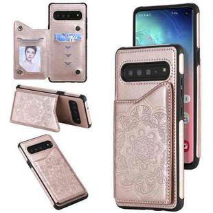 For Samsung Galaxy S10 Flower Embossing Pattern Shockproof Protective Case with Holder & Card Slots & Photo Frame(Rose Gold)