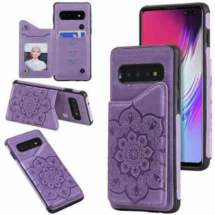 For Samsung Galaxy S10 5G Flower Embossing Pattern Shockproof Protective Case with Holder & Card Slots & Photo Frame(Purple)