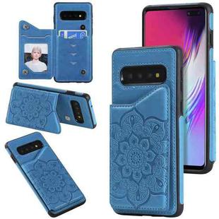 For Samsung Galaxy S10 5G Flower Embossing Pattern Shockproof Protective Case with Holder & Card Slots & Photo Frame(Blue)