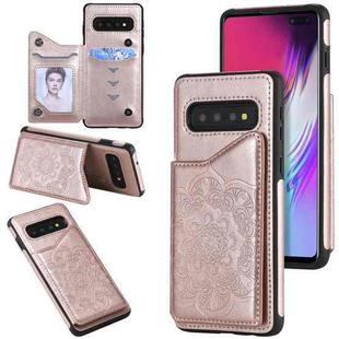 For Samsung Galaxy S10 5G Flower Embossing Pattern Shockproof Protective Case with Holder & Card Slots & Photo Frame(Rose Gold)