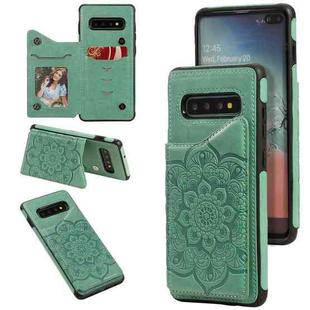 For Samsung Galaxy S10 Plus Flower Embossing Pattern Shockproof Protective Case with Holder & Card Slots & Photo Frame(Green)
