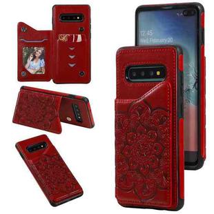 For Samsung Galaxy S10 Plus Flower Embossing Pattern Shockproof Protective Case with Holder & Card Slots & Photo Frame(Red)
