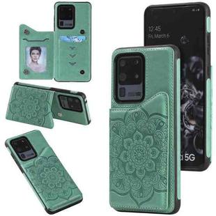 For Samsung Galaxy S20 Ultra Flower Embossing Pattern Shockproof Protective Case with Holder & Card Slots & Photo Frame(Green)