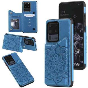 For Samsung Galaxy S20 Ultra Flower Embossing Pattern Shockproof Protective Case with Holder & Card Slots & Photo Frame(Blue)