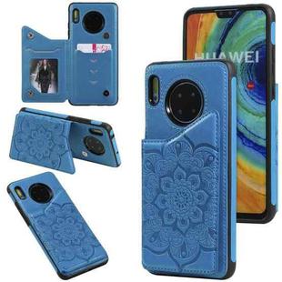 For Huawei Mate 30 Flower Embossing Pattern Shockproof Protective Case with Holder & Card Slots & Photo Frame(Blue)