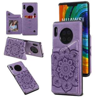 For Huawei Mate 30 Pro Flower Embossing Pattern Shockproof Protective Case with Holder & Card Slots & Photo Frame(Purple)