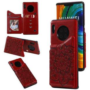 For Huawei Mate 30 Pro Flower Embossing Pattern Shockproof Protective Case with Holder & Card Slots & Photo Frame(Red)