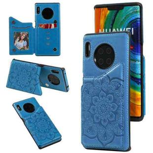 For Huawei Mate 30 Pro Flower Embossing Pattern Shockproof Protective Case with Holder & Card Slots & Photo Frame(Blue)