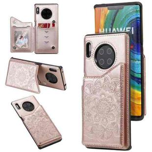 For Huawei Mate 30 Pro Flower Embossing Pattern Shockproof Protective Case with Holder & Card Slots & Photo Frame(Rose Gold)