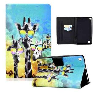 For Amazon Kindle Fire 7 (2015)/(2017)/(2019) Electric Pressed TPU Colored Drawing Horizontal Flip Leather Case with Holder & Pen Slot(Glasses Giraffe)