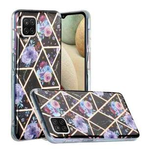 For Samsung Galaxy A12 Flat Plating Splicing Gilding Protective Case(Black Background Flower Matching Color)
