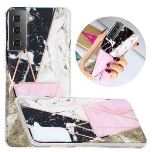 For Samsung Galaxy S21 5G Flat Plating Splicing Gilding Protective Case(Grey Pink White Marble Color Matching)