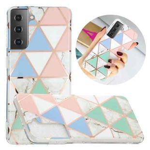 For Samsung Galaxy S21 5G Flat Plating Splicing Gilding Protective Case(Blue White Green Pink Color Matching)