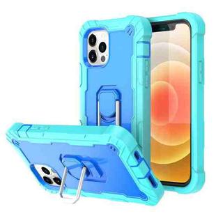 For iPhone 12 / 12 Pro PC + Rubber 3-layers Shockproof Protective Case with Rotating Holder(Mint Green + Blue)