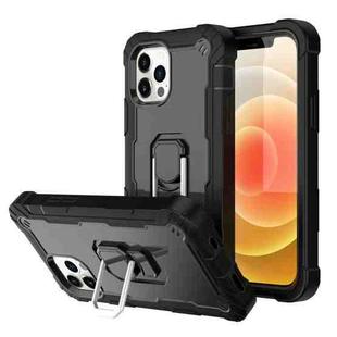 For iPhone 12 / 12 Pro PC + Rubber 3-layers Shockproof Protective Case with Rotating Holder(Black)
