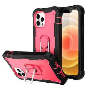 For iPhone 12 / 12 Pro PC + Rubber 3-layers Shockproof Protective Case with Rotating Holder(Black + Rose Red)