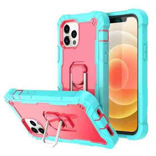 For iPhone 12 mini PC + Rubber 3-layers Shockproof Protective Case with Rotating Holder (Mint Green + Rose Red)