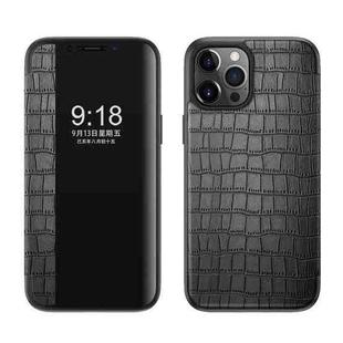 For iPhone 12 / 12 Pro Crocodile Texture Display Window Horizontal Flip Leather Case(Black)
