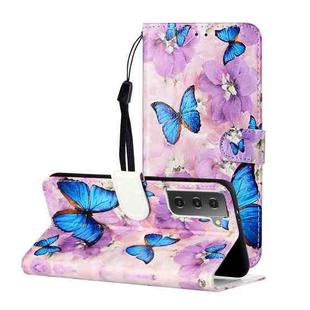 For Samsung Galaxy S21 5G Oil Embossed Coloured Drawing Pattern Horizontal Flip PU Leather Case with Holder & Card Slots & Wallet & Lanyard(Purple Flower Butterfly)