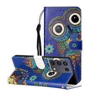 For Samsung Galaxy S21 Ultra 5G Oil Embossed Coloured Drawing Pattern Horizontal Flip PU Leather Case with Holder & Card Slots & Wallet & Lanyard(Blue Owl)