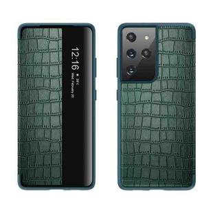 For Samsung Galaxy S21 5G Crocodile Texture Display Window Horizontal Flip Leather Case(Green)