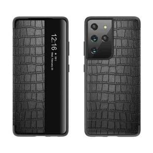 For Samsung Galaxy S21 5G Crocodile Texture Display Window Horizontal Flip Leather Case(Black)