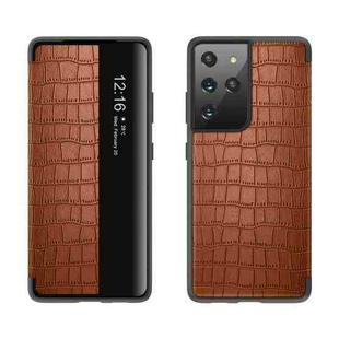 For Samsung Galaxy S21 5G Crocodile Texture Display Window Horizontal Flip Leather Case(Brown)