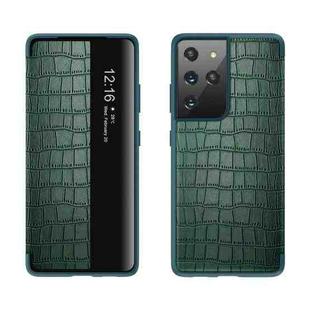 For Samsung Galaxy S21+ 5G Crocodile Texture Display Window Horizontal Flip Leather Case(Green)
