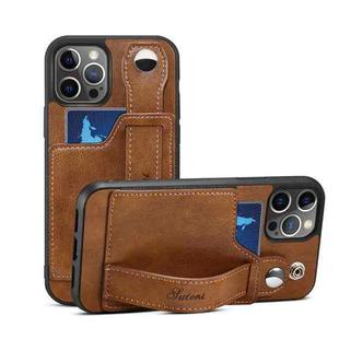 TPU + PU Leather Shockproof Protective Case with Card Slots and Hand Strap For Apple iPhone 12 Pro Max(Brown)