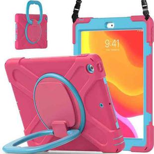 For Apple iPad 10.2 2021 / 2020 / 2019 Contrast Color Silicone + PC Protective Case with Holder & Shoulder Strap(Rose red+Blue)