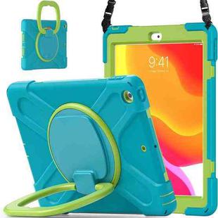 For Apple iPad 10.2 2021 / 2020 / 2019 Contrast Color Silicone + PC Protective Case with Holder & Shoulder Strap(Light blue+Yellow Green)