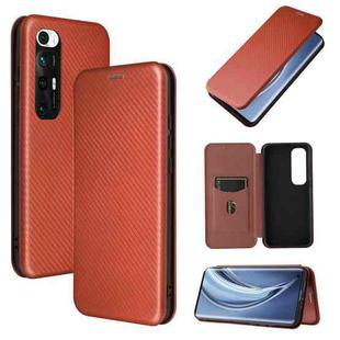 For Xiaomi Mi 10S Carbon Fiber Texture Horizontal Flip TPU + PC + PU Leather Case with Card Slot(Brown)