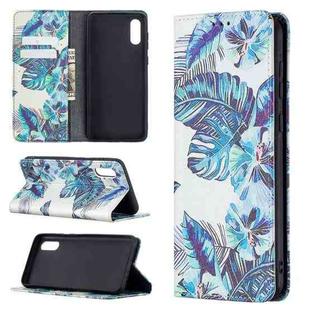For Samsung Galaxy A02 Colored Drawing Pattern Invisible Magnetic Horizontal Flip PU Leather Case with Holder & Card Slots & Wallet(Blue Leaves)