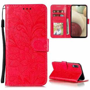 For Samsung Galaxy A02 / M02 (EU) Lace Flower Embossing Pattern Horizontal Flip Leather Case with Holder & Card Slots & Wallet & Photo Frame(Red)