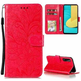 For LG Stylo 7 5G Lace Flower Embossing Pattern Horizontal Flip Leather Case with Holder & Card Slots & Wallet & Photo Frame(Red)