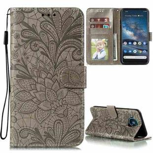 For Nokia 8.3 5G Lace Flower Embossing Pattern Horizontal Flip Leather Case with Holder & Card Slots & Wallet & Photo Frame(Grey)