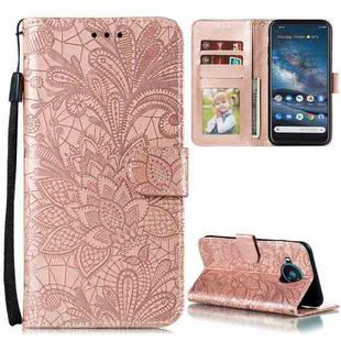 For Nokia 8.3 5G Lace Flower Embossing Pattern Horizontal Flip Leather Case with Holder & Card Slots & Wallet & Photo Frame(Rose Gold)