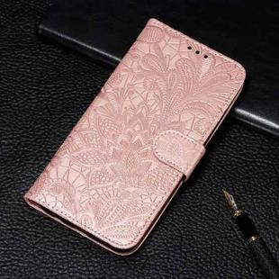 For Xiaomi Redmi K40 Lace Flower Embossing Pattern Horizontal Flip Leather Case with Holder & Card Slots & Wallet & Photo Frame(Rose Gold)