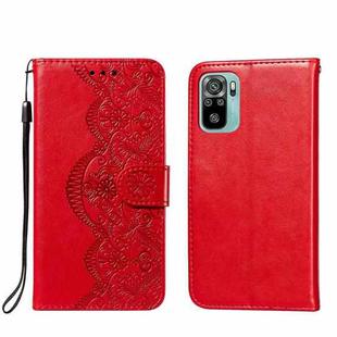 For Xiaomi Redmi Note 10 4G Flower Vine Embossing Pattern Horizontal Flip Leather Case with Card Slot & Holder & Wallet & Lanyard(Red)