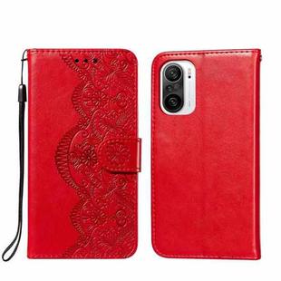 For Xiaomi Redmi K40 Flower Vine Embossing Pattern Horizontal Flip Leather Case with Card Slot & Holder & Wallet & Lanyard(Red)