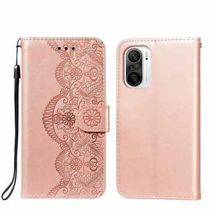 For Xiaomi Redmi K40 Flower Vine Embossing Pattern Horizontal Flip Leather Case with Card Slot & Holder & Wallet & Lanyard(Rose Gold)