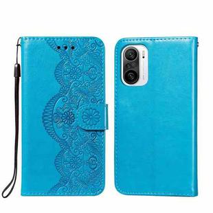 For Xiaomi Redmi K40 Flower Vine Embossing Pattern Horizontal Flip Leather Case with Card Slot & Holder & Wallet & Lanyard(Blue)